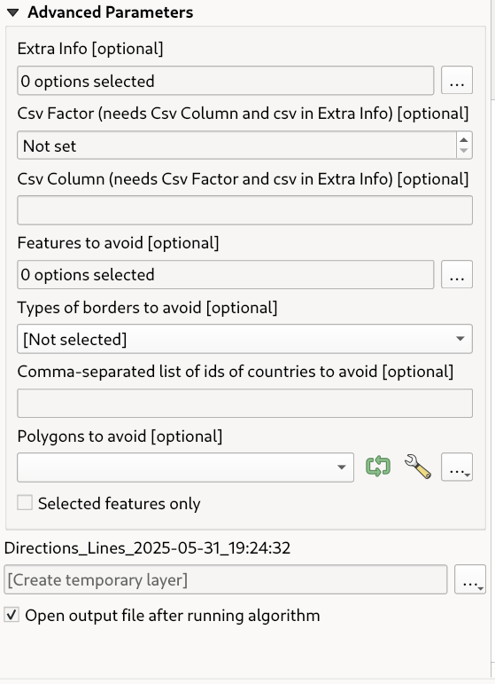 Advanced parameters in the Directions from 1 Line-Layer tool