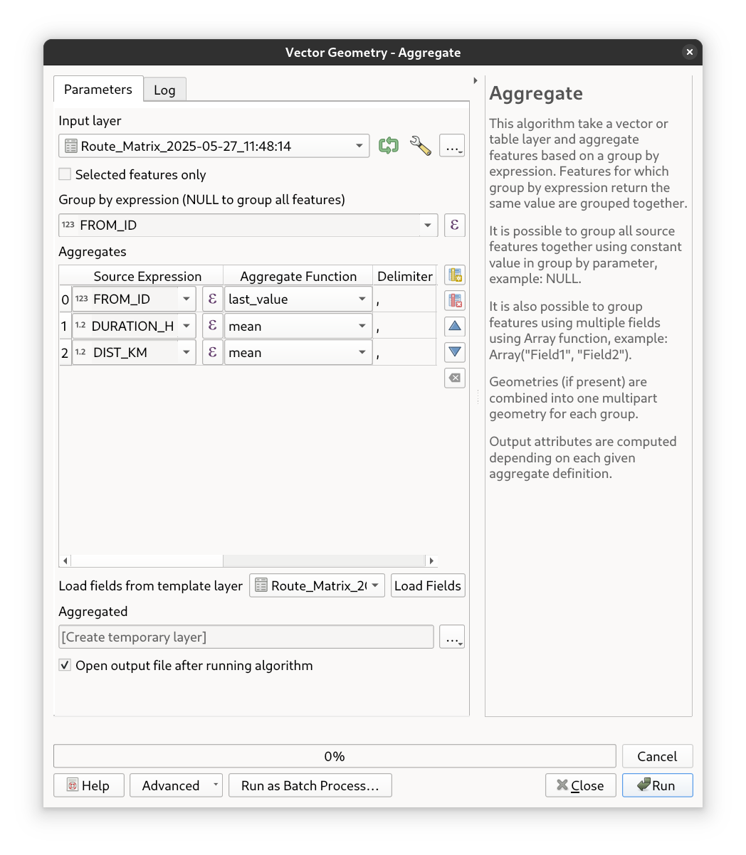 The aggregate tool and the settings to be applied