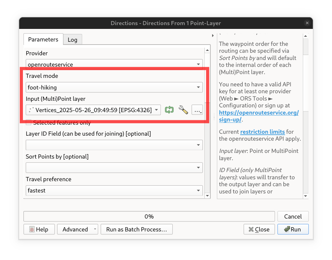 Directions from 1 Point-Layer user interface