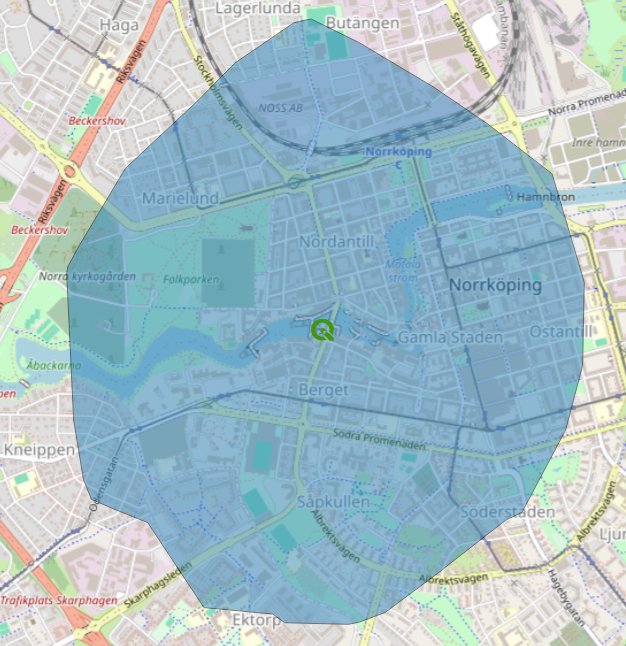 15 Minute foot isochrone from Visualiseringscenter C