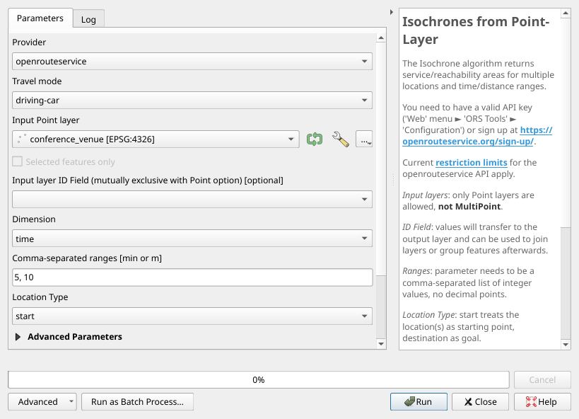 Processing algorithm: Isochrone from Point-Layer