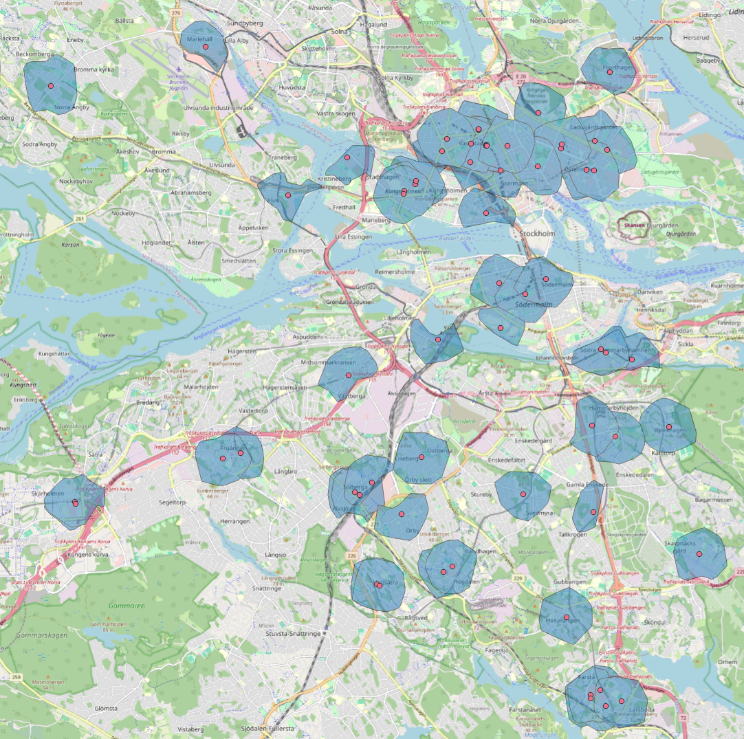 Isochrone polygons on a Stockholm map