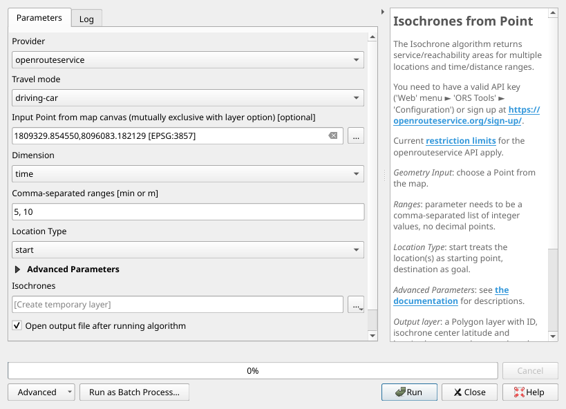 Processing algorithm: Isochrones from Point