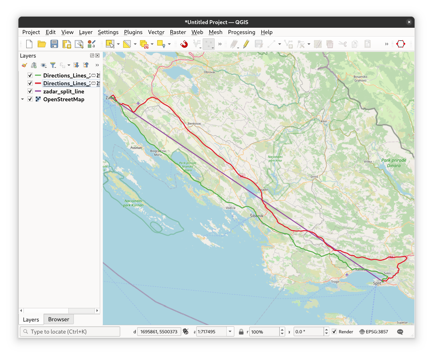 The routes from a polyline layer with advanced parameters