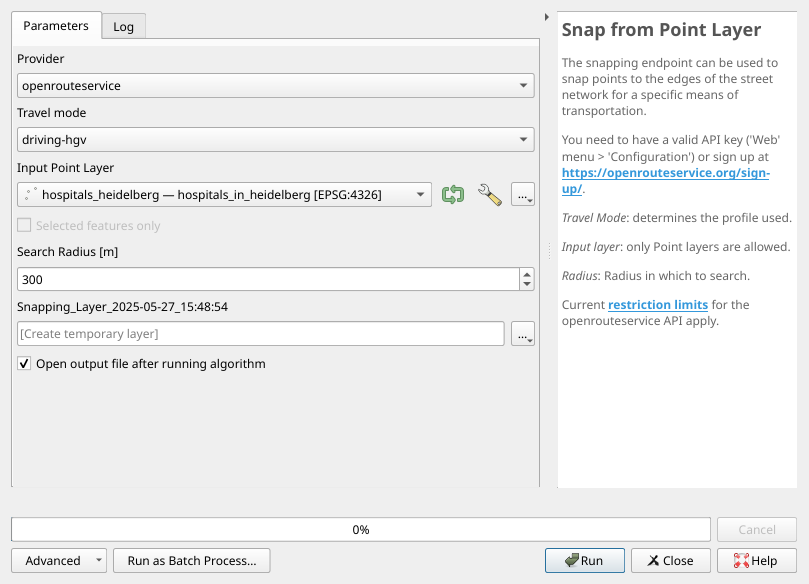 Screenshot of the Snap from Point Layer processing tool