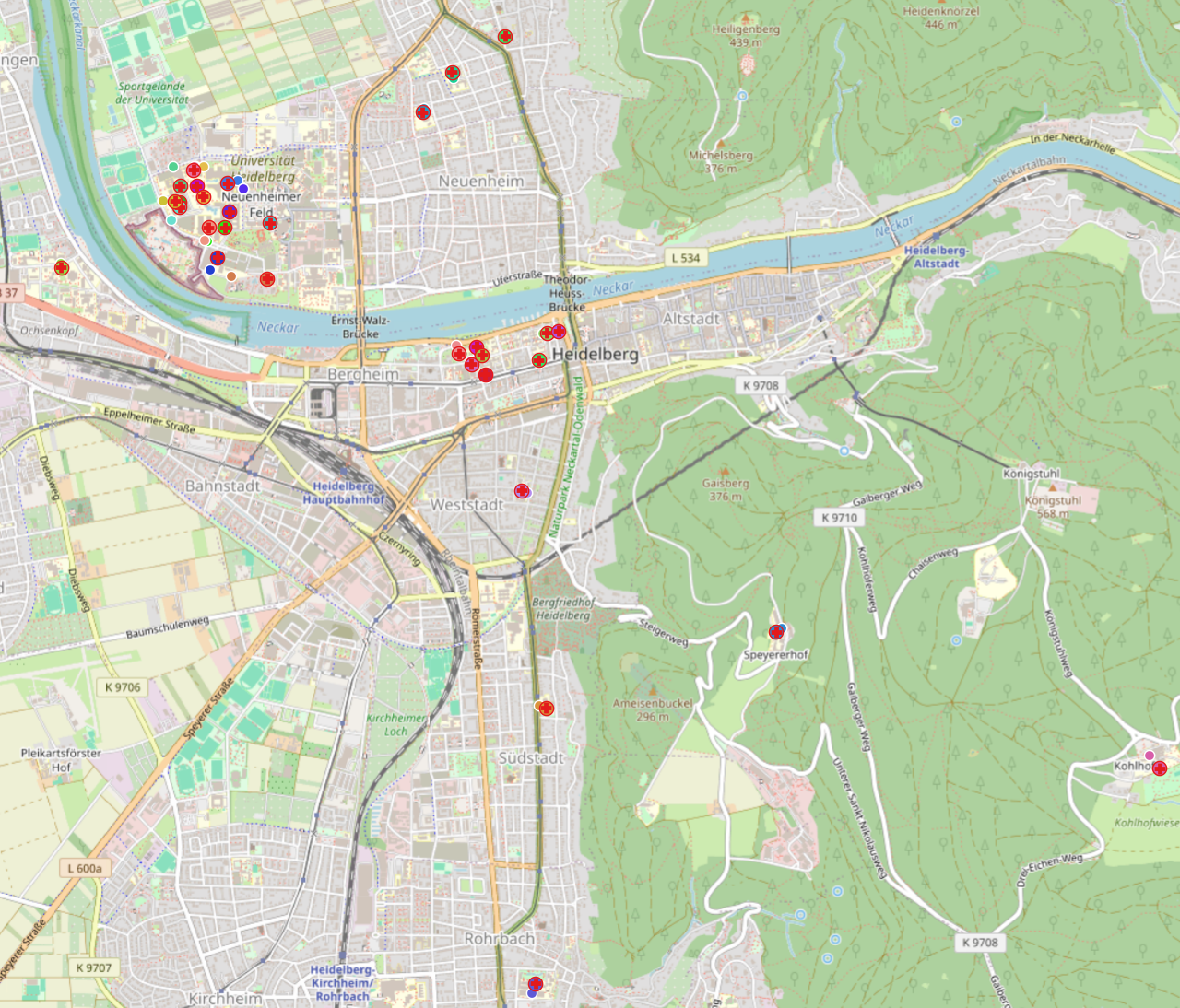 Screenshot of input hospital locations and snapped locations